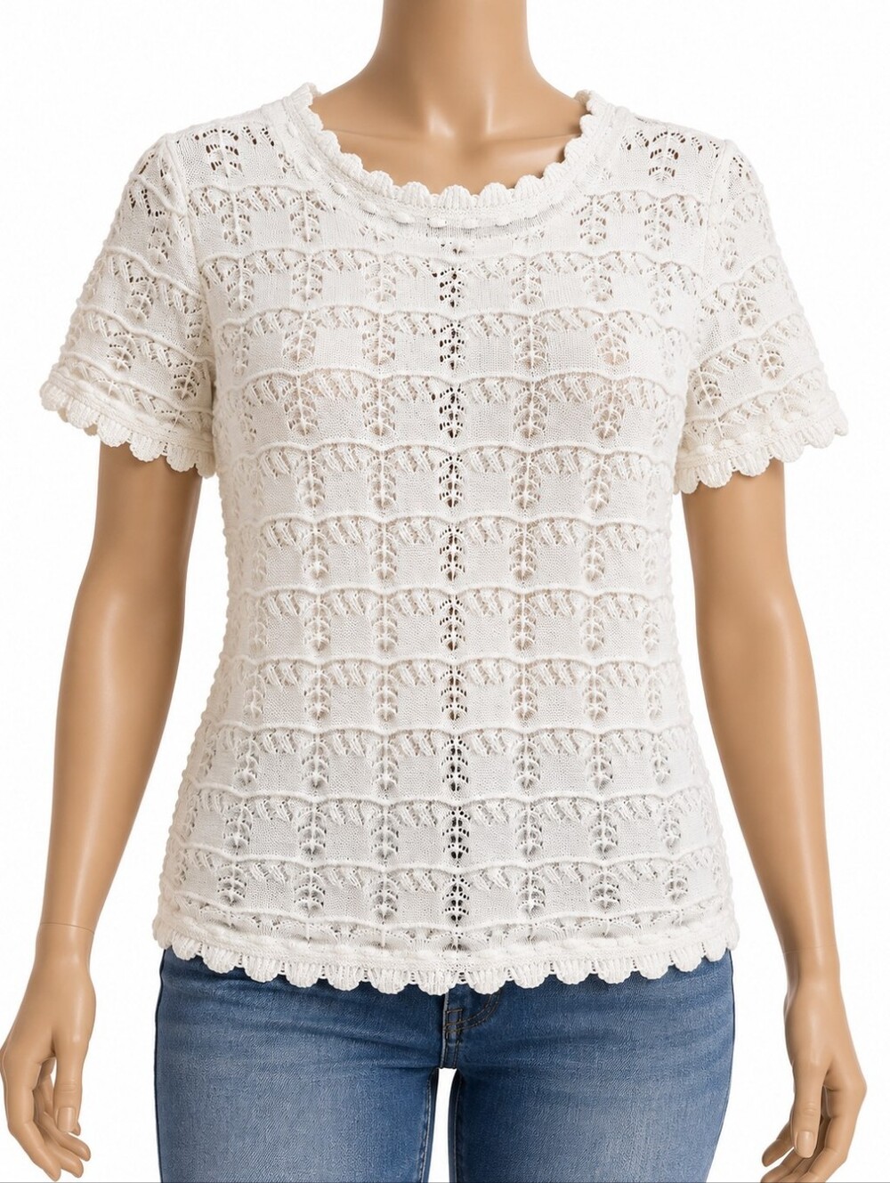 Zesica White Open Knit Crochet Sweater Top Scalloped Cottagecore Romantic - Picture 11 of 12